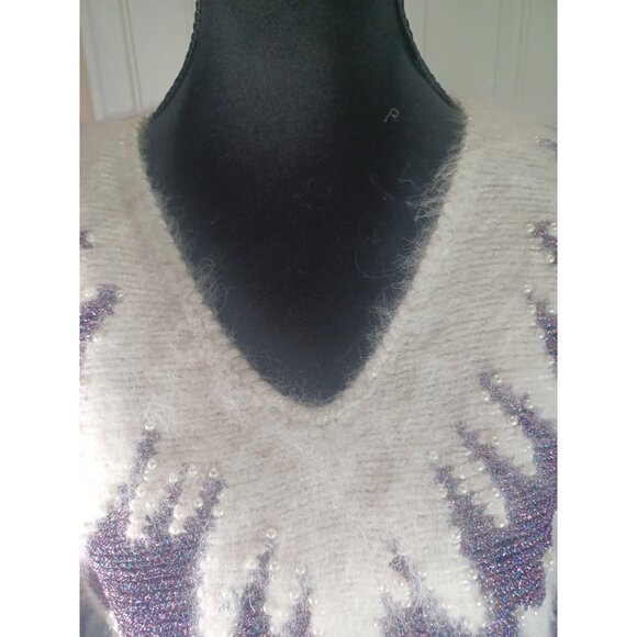 Vintage 80s Hollywood Luxury Purple Metallic White Angora Pearls Sweater M - Picture 10 of 16